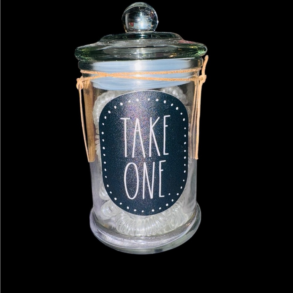 NEW Rae Dunn Spiral Hair Ties Clear Glass Jar Take One